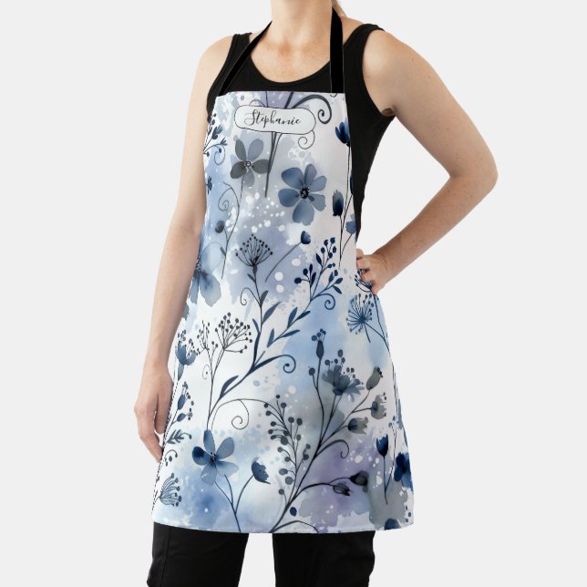 Watercolor Blue Gray Floral Pattern Personalized Apron (Insitu)