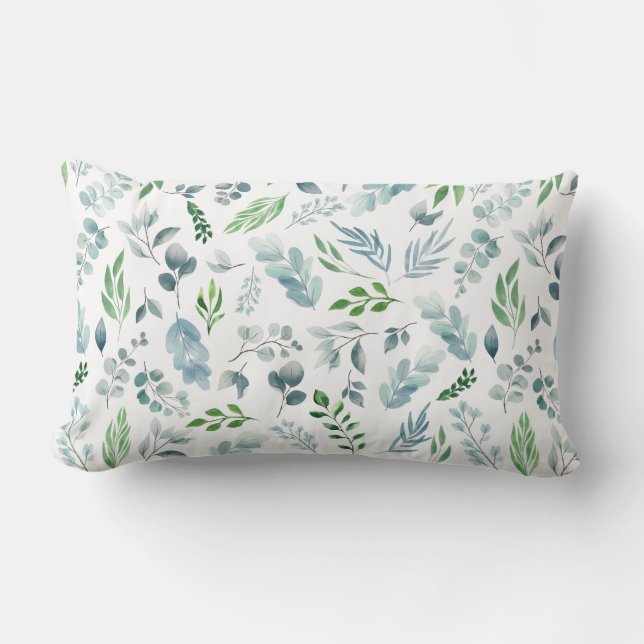 Watercolor Blue Green Botanical Eucalyptus Foliage Lumbar Cushion (Front)