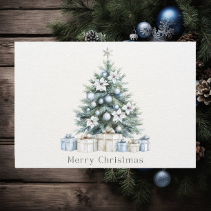 Watercolor Blue Green Christmas Tree Holiday Card