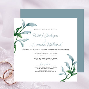 Watercolor Blue Green Leaves Elegant Wedding Invitation