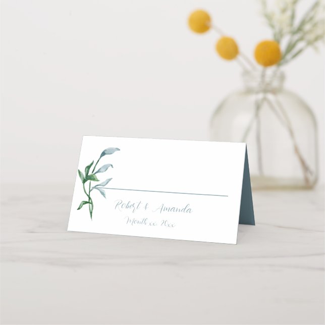Watercolor Blue Green Leaves Wedding Place Card (Front)
