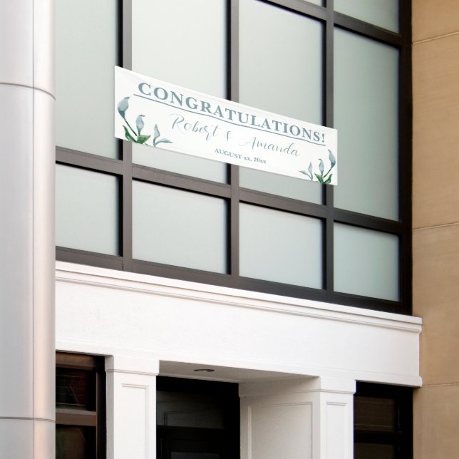 Watercolor Blue Green Leaves Wedding Reception Banner (Outside Building)