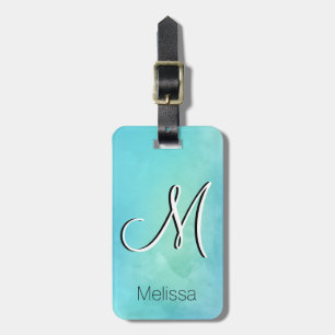 Watercolor Blue Green Monogram Letter Initial Luggage Tag