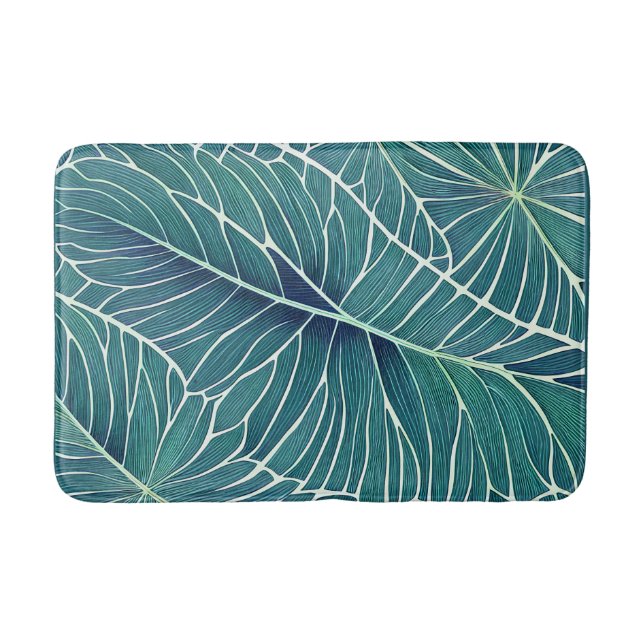 Watercolor Blue Green Teal Tropical Leaves Bath Mat (Front)