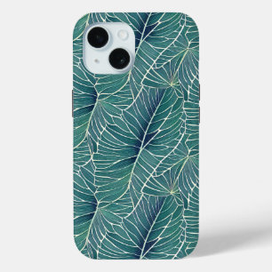 Watercolor Blue Green Teal Tropical Leaves Pattern iPhone 15 Case