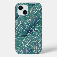 Watercolor Blue Green Teal Tropical Leaves Pattern