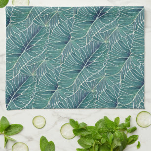 Watercolor Blue Green Teal Tropical Leaves Pattern Tea Towel