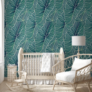 Watercolor Blue Green Teal Tropical Leaves Pattern Wallpaper