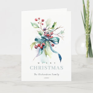 Watercolor Blue Green Winter Berries Christmas Holiday Card
