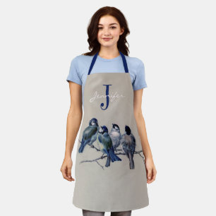Watercolor Blue Grey Birds Monogram Custom Name Apron