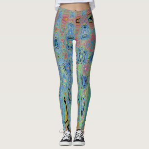 Watercolor Blue Groovy Abstract Retro Atomic Waves Leggings