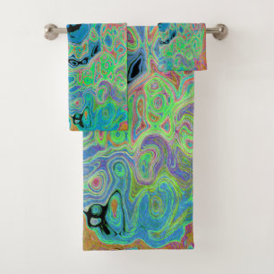 Watercolor Blue Groovy Abstract Retro Liquid Swirl Bath Towel Set