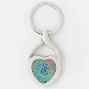 Watercolor Blue Groovy Abstract Retro Liquid Swirl Key Ring