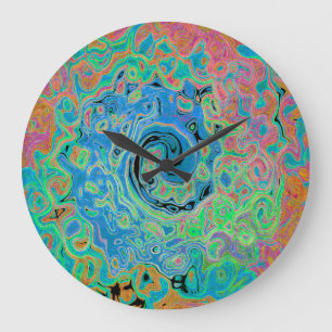 Watercolor Blue Groovy Abstract Retro Liquid Swirl Large Clock