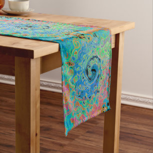 Watercolor Blue Groovy Abstract Retro Liquid Swirl Long Table Runner