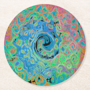 Watercolor Blue Groovy Abstract Retro Liquid Swirl Round Paper Coaster