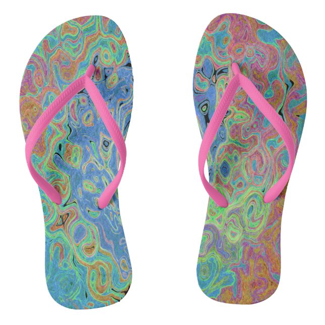 Watercolor Blue Groovy Abstract Retro Liquid Swirl Thongs (Footbed)