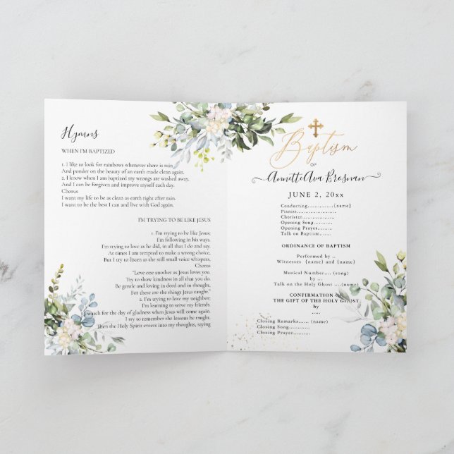 Watercolor Blue Gum Eucalyptus LDS Baptism Program (Inside)
