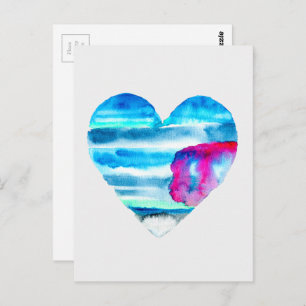 Watercolor blue heart cute heart postcard