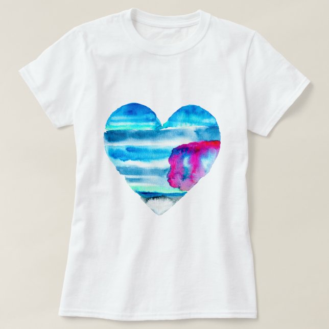 Watercolor blue heart cute heart T-Shirt (Design Front)
