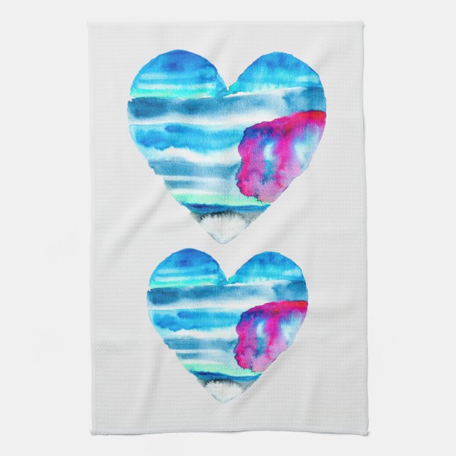 Watercolor blue heart cute heart tea towel (Vertical)