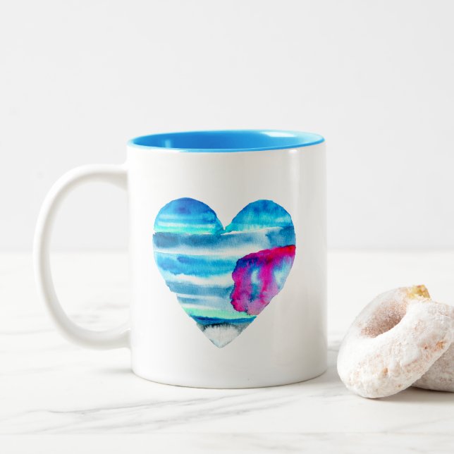 Watercolor blue heart cute heart Two-Tone coffee mug (With Donut)