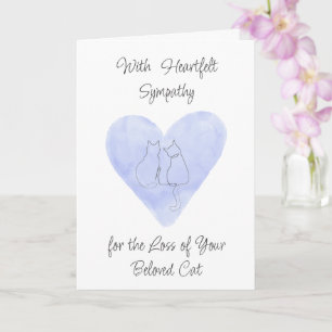 Watercolor Blue Heart with Cat Drawing Sympathy Card