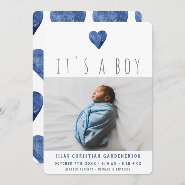 Watercolor Blue Hearts Announcement (Front/Back)