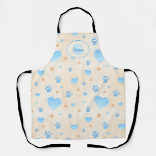 Watercolor Blue Hearts & Paw Prints Pattern Apron