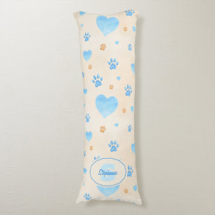 Watercolor Blue Hearts & Paw Prints Pattern Body Cushion