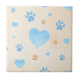 Watercolor Blue Hearts & Paw Prints Pattern Ceramic Tile