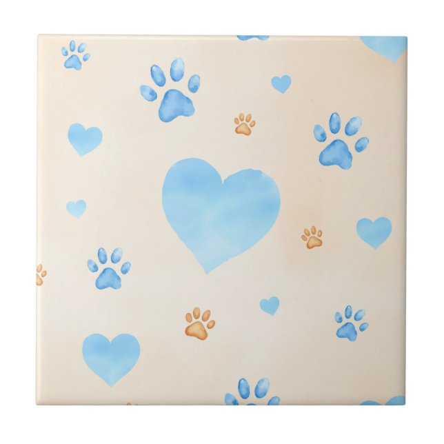 Watercolor Blue Hearts & Paw Prints Pattern Ceramic Tile (Front)
