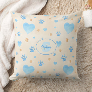 Watercolor Blue Hearts & Paw Prints Pattern Cushion