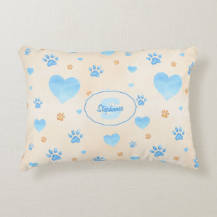 Watercolor Blue Hearts & Paw Prints Pattern Decorative Cushion