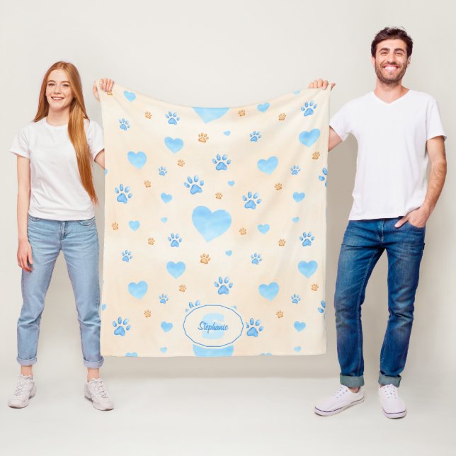 Watercolor Blue Hearts & Paw Prints Pattern Fleece Blanket (In Situ)