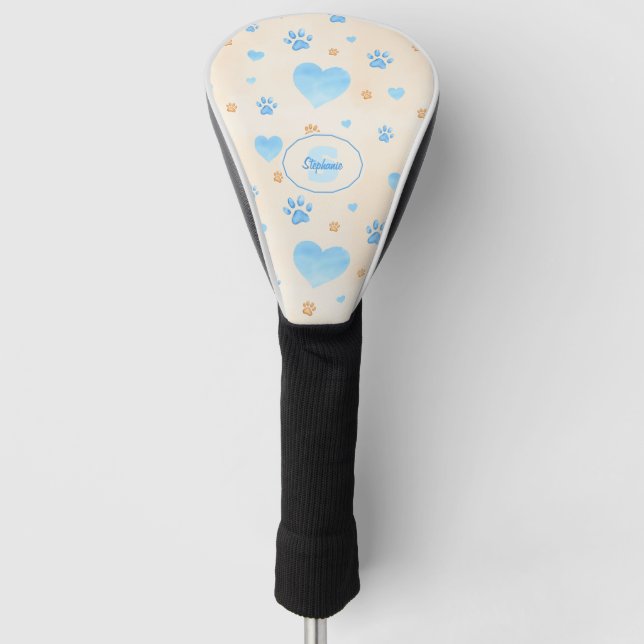 Watercolor Blue Hearts & Paw Prints Pattern Golf Head Cover (Front)