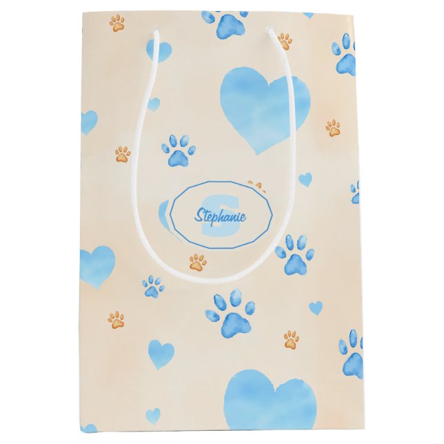Watercolor Blue Hearts & Paw Prints Pattern Medium Gift Bag (Front)