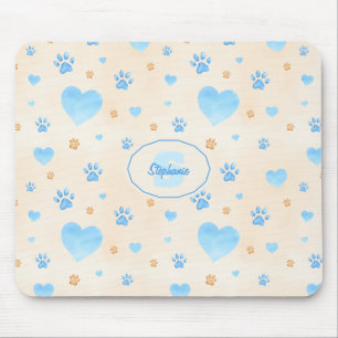 Watercolor Blue Hearts & Paw Prints Pattern Mouse Pad