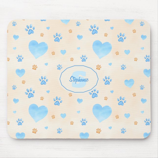 Watercolor Blue Hearts & Paw Prints Pattern Mouse Pad (Front)
