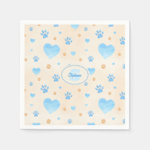Watercolor Blue Hearts & Paw Prints Pattern Napkin