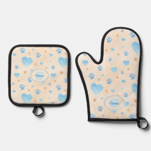 Watercolor Blue Hearts & Paw Prints Pattern Oven Mitt & Pot Holder Set