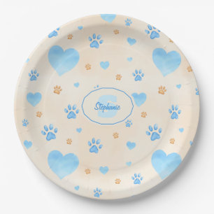 Watercolor Blue Hearts & Paw Prints Pattern Paper Plate