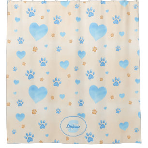 Watercolor Blue Hearts & Paw Prints Pattern Shower Curtain