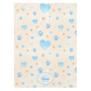 Watercolor Blue Hearts & Paw Prints Pattern Tablecloth