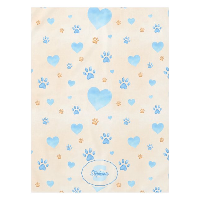 Watercolor Blue Hearts & Paw Prints Pattern Tablecloth (Front)