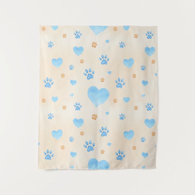 Watercolor Blue Hearts & Paw Prints Pattern Tapestry (Front)
