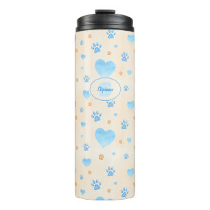 Watercolor Blue Hearts & Paw Prints Pattern Thermal Tumbler