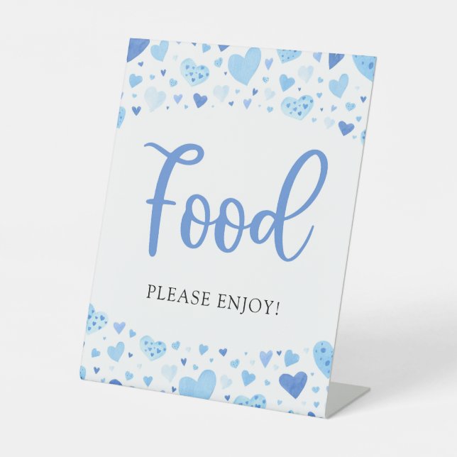 Watercolor Blue Hearts Valentine Baby Shower Food Pedestal Sign (Front)