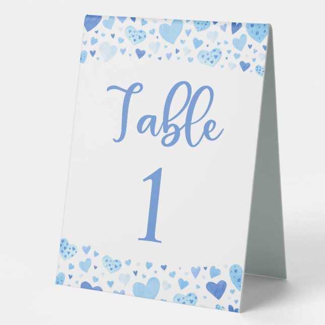 Watercolor Blue Hearts Valentine Table Number Card (Front)