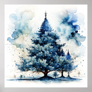 Watercolor Blue Holiday Christmas Tree Poster